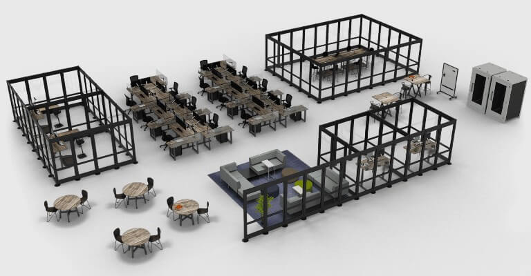 a rendering of an open office layout with many spaces, including a private office, benched desks, breakroom and meeting spaces. the spaces are delineated with quickflex walls on a white background.