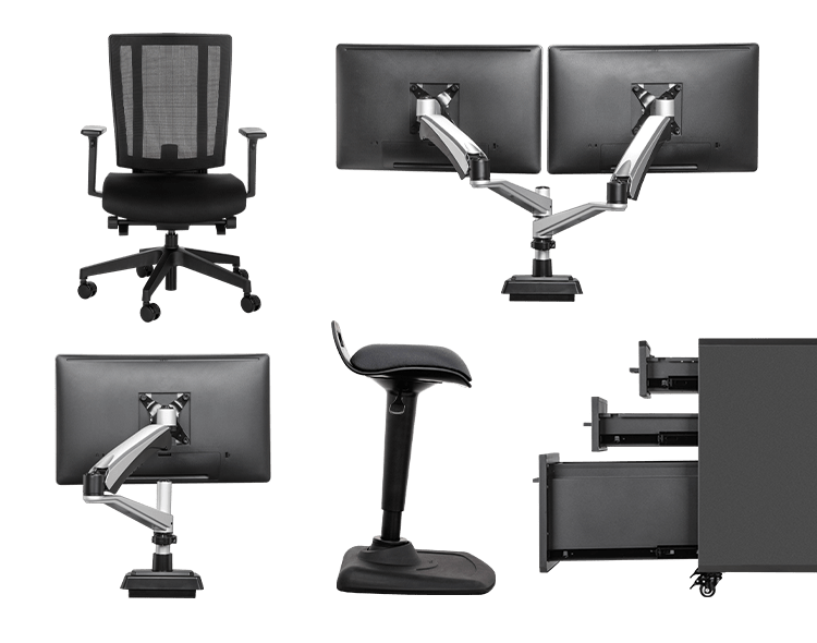a variety of vari accessories - office chair, monitor arms, active seat, and file cabinets