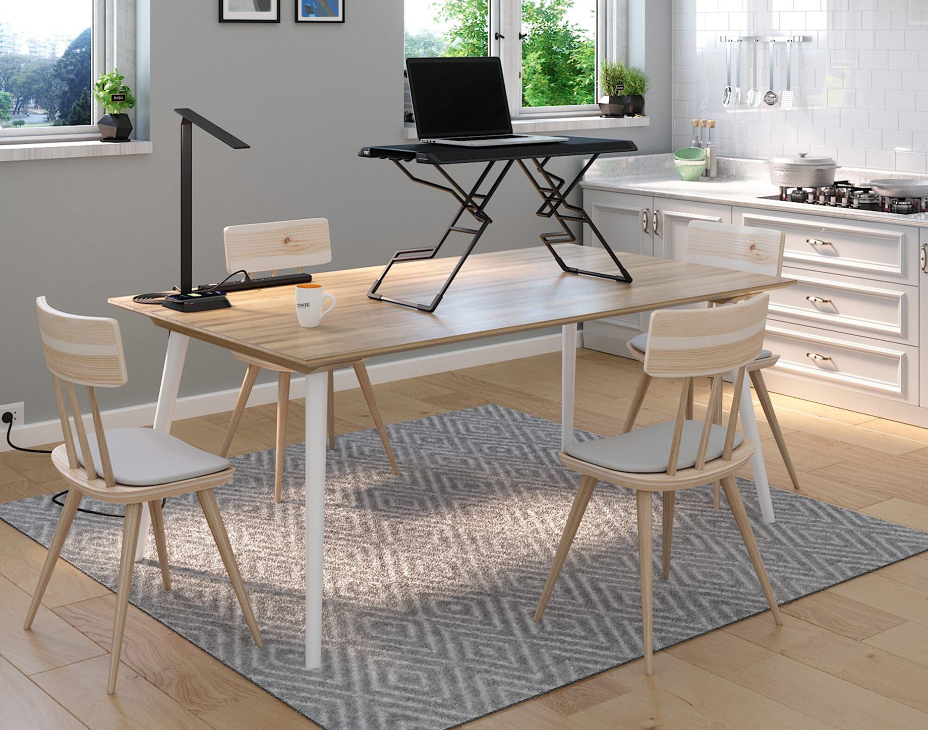 office space with desktop converter ontop of wooden dining table