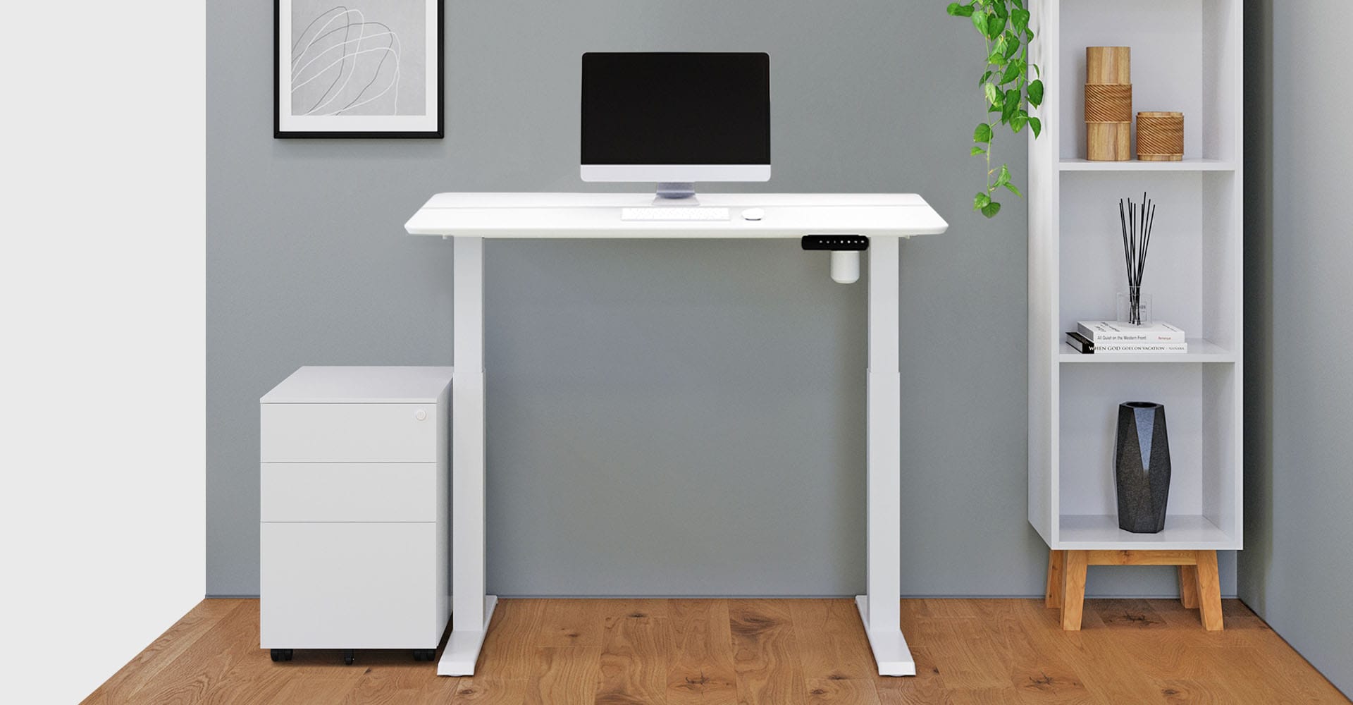 white electric standing desk