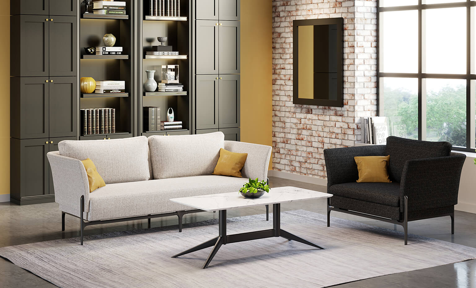a contemporary three seat sofa in sandstone and a contemporary chair in deep grey are positioned around a contemporary coffee table