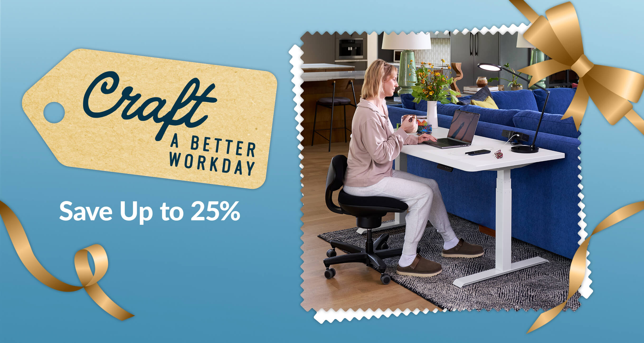 woman sitting at a desk in a living room working on a laptop craft a better workday save up to twenty five percent