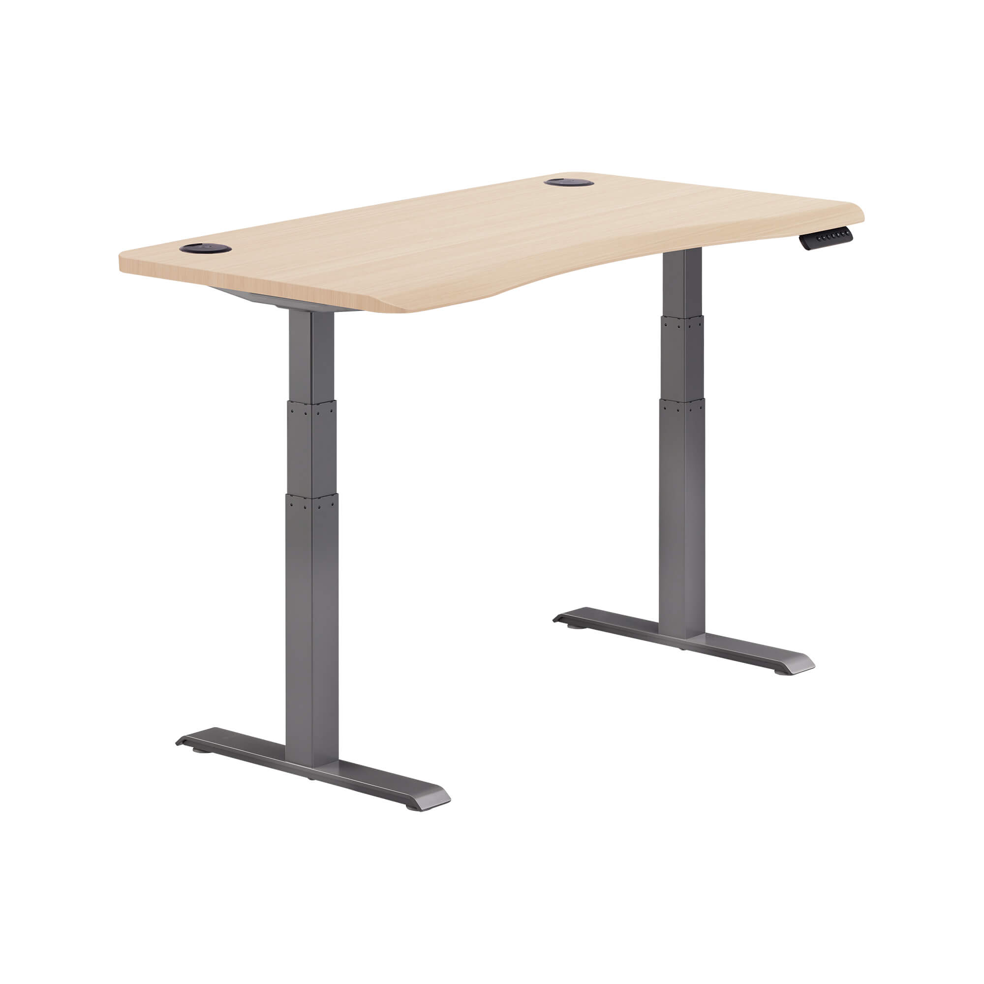isolated image of a electric standing desk with a light wood finish top and slate legs image number null