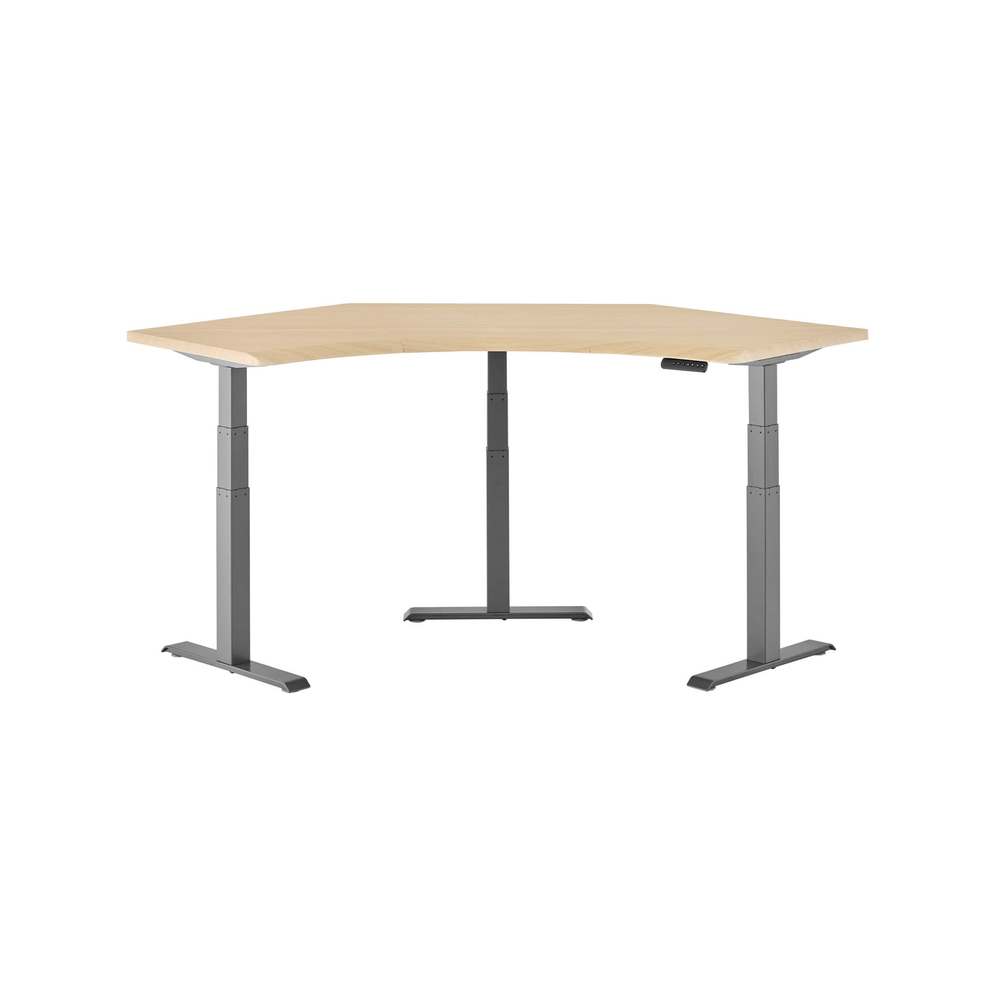 isolated image of a electric standing desk with a light wood finish top and slate finish legs image number null