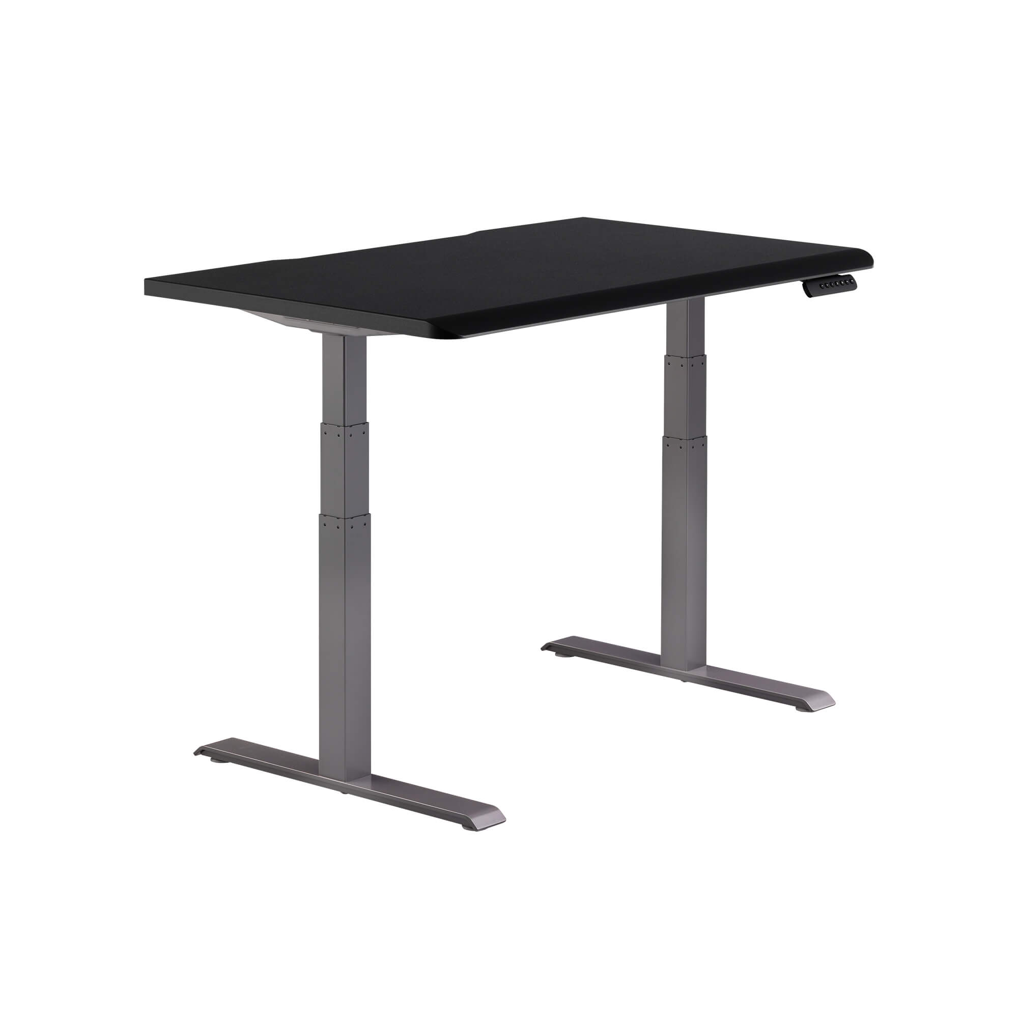 isolated image of a electric standing desk with a black top and slate legs image number null