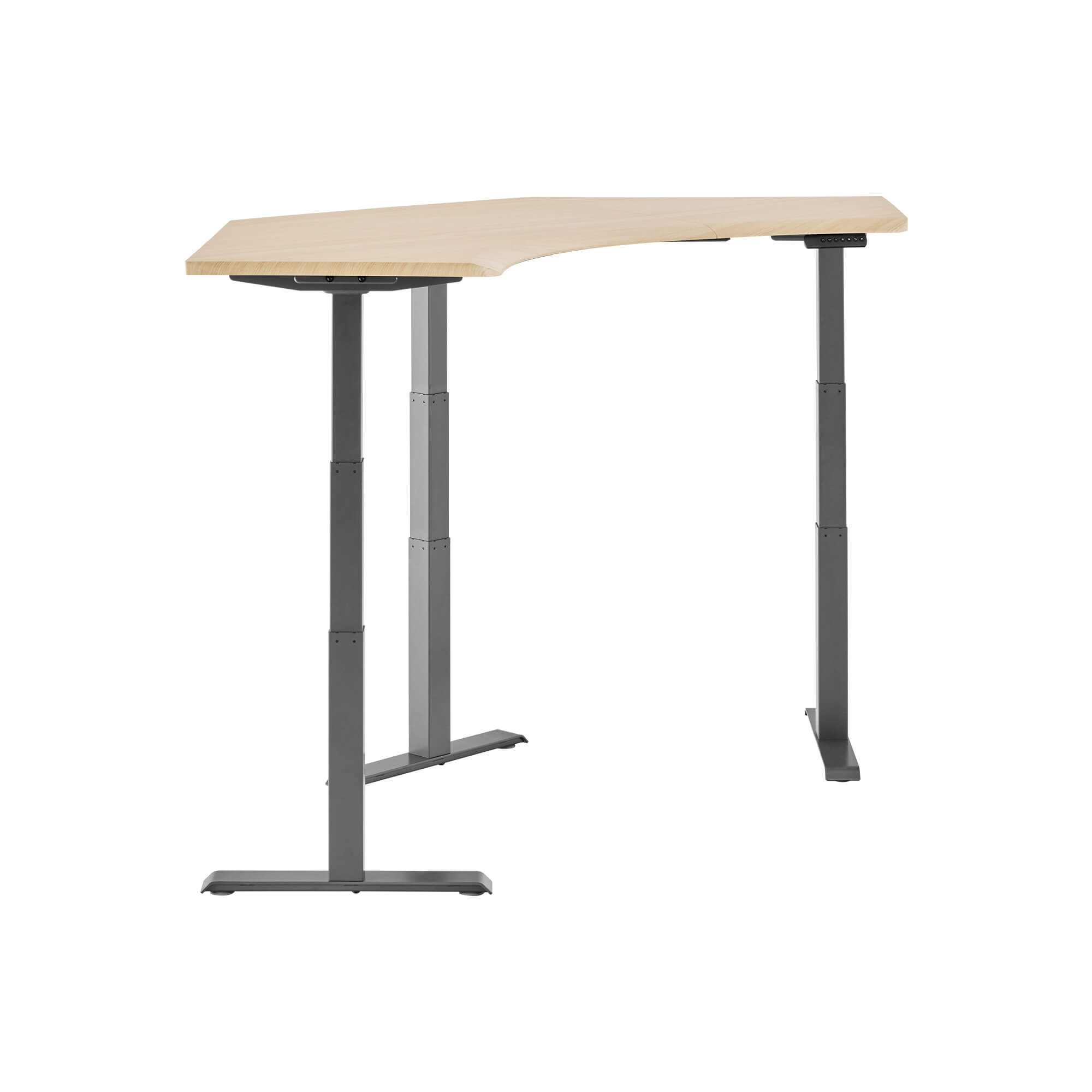 side view of an electric standing desk with a light wood finish top and slate finish legs image number null