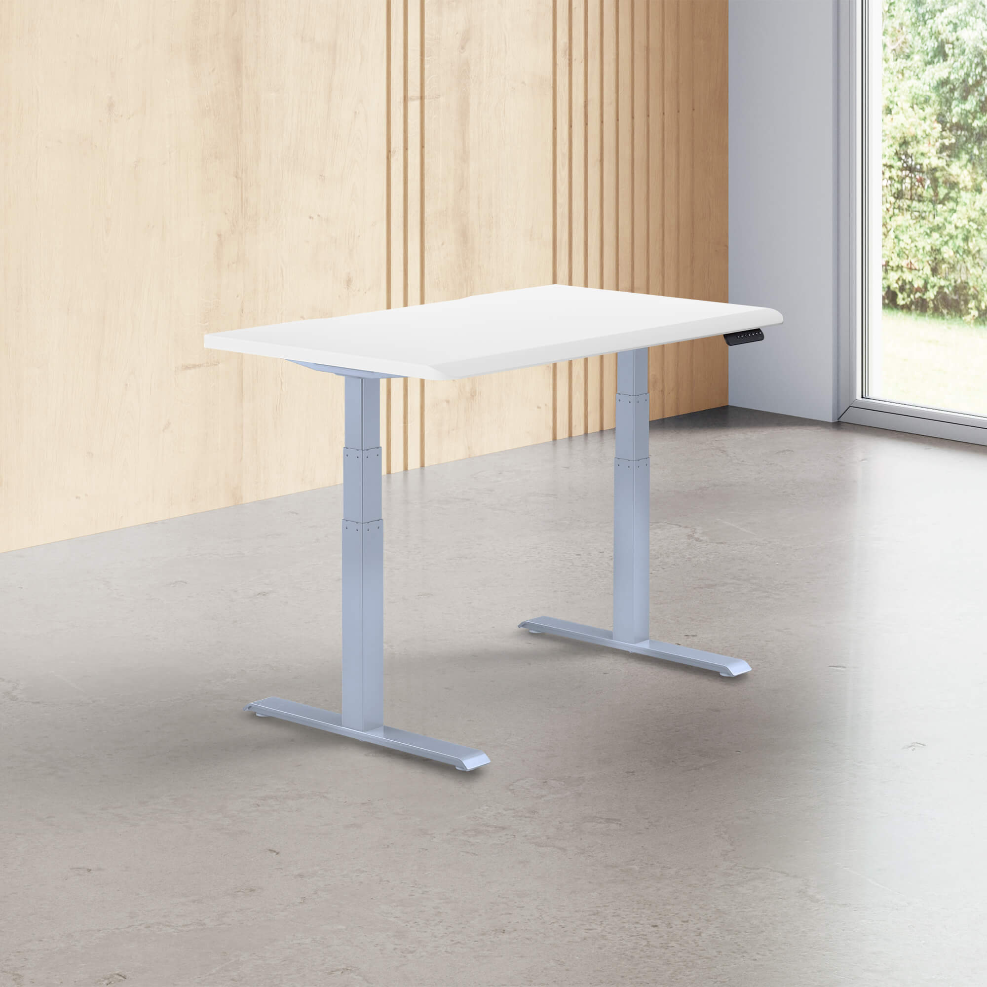 white finish standing desk top with silver legs in a open office image number null