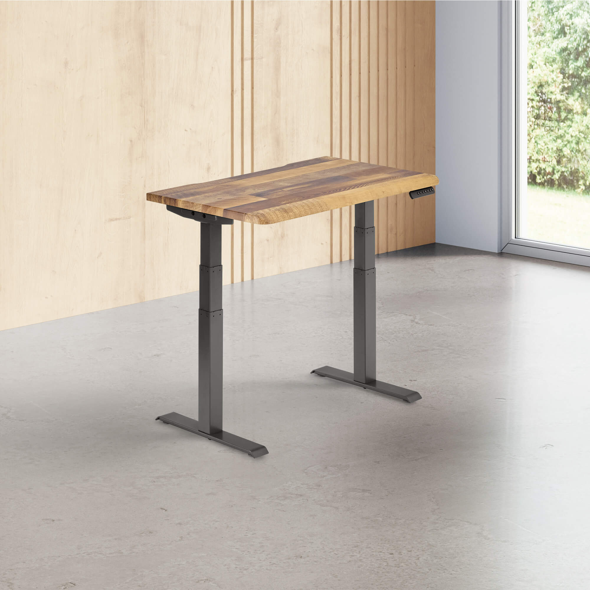 reclaimed wood finish standing desk top with slate legs in a open office image number null
