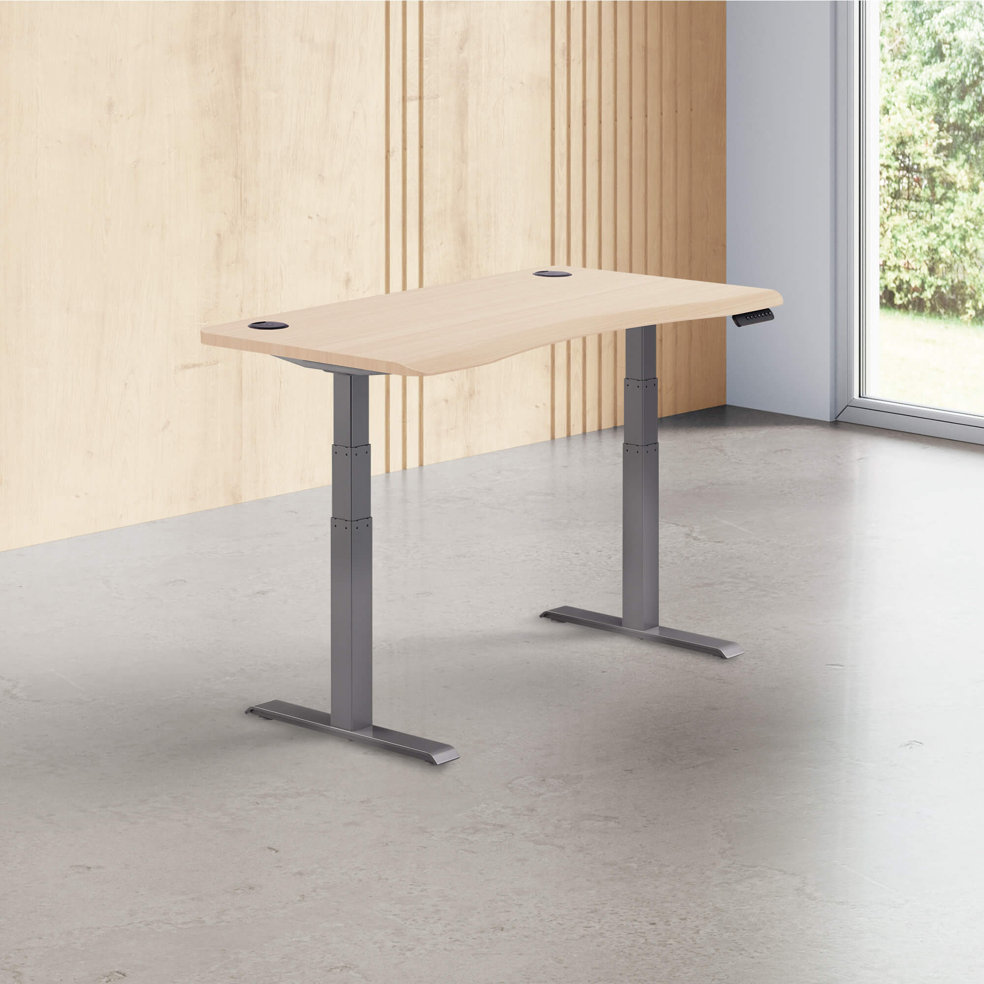 light wood finish standing desk top with slate legs in a open office image number null