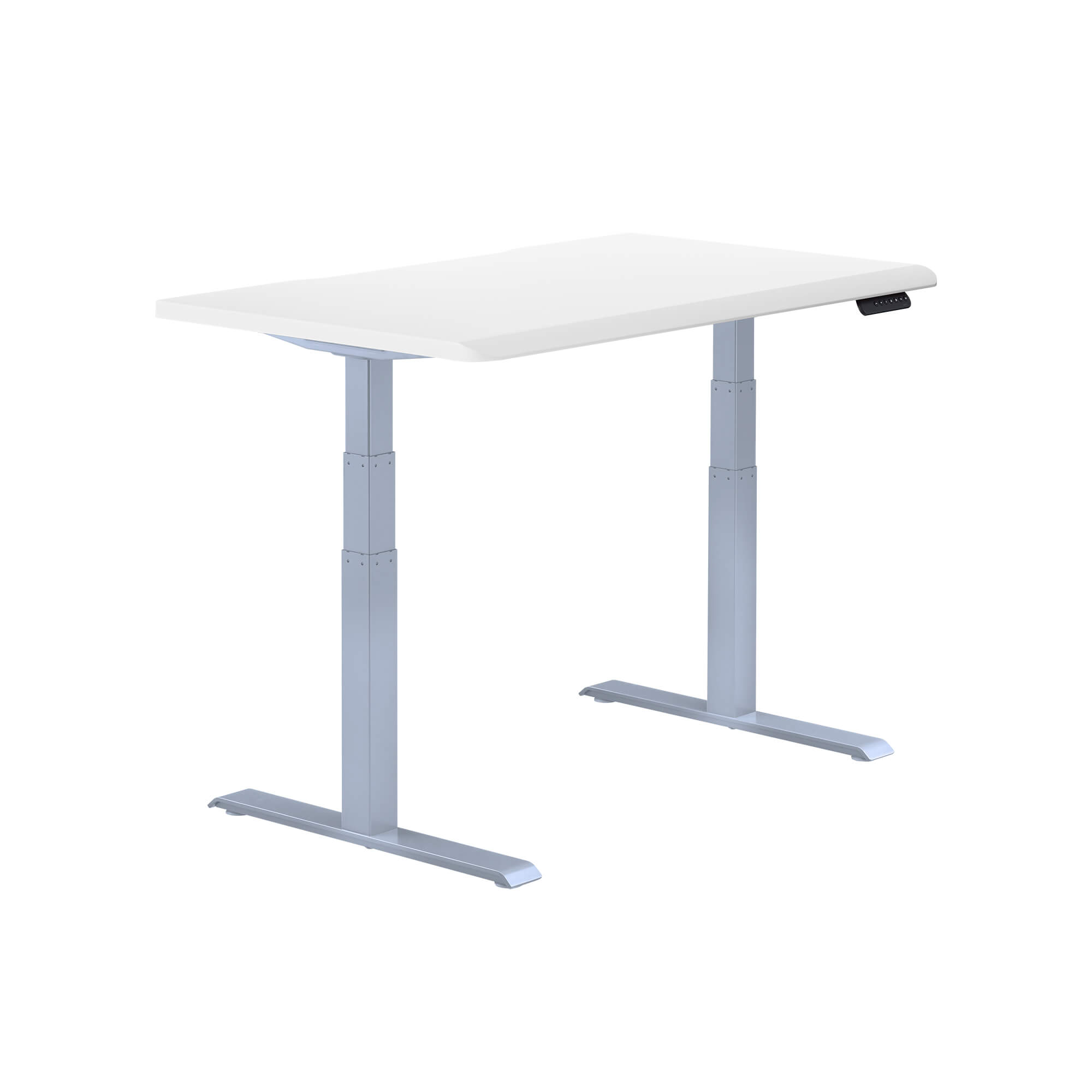 isolated image of a electric standing desk with a white finish top and silver legs image number null