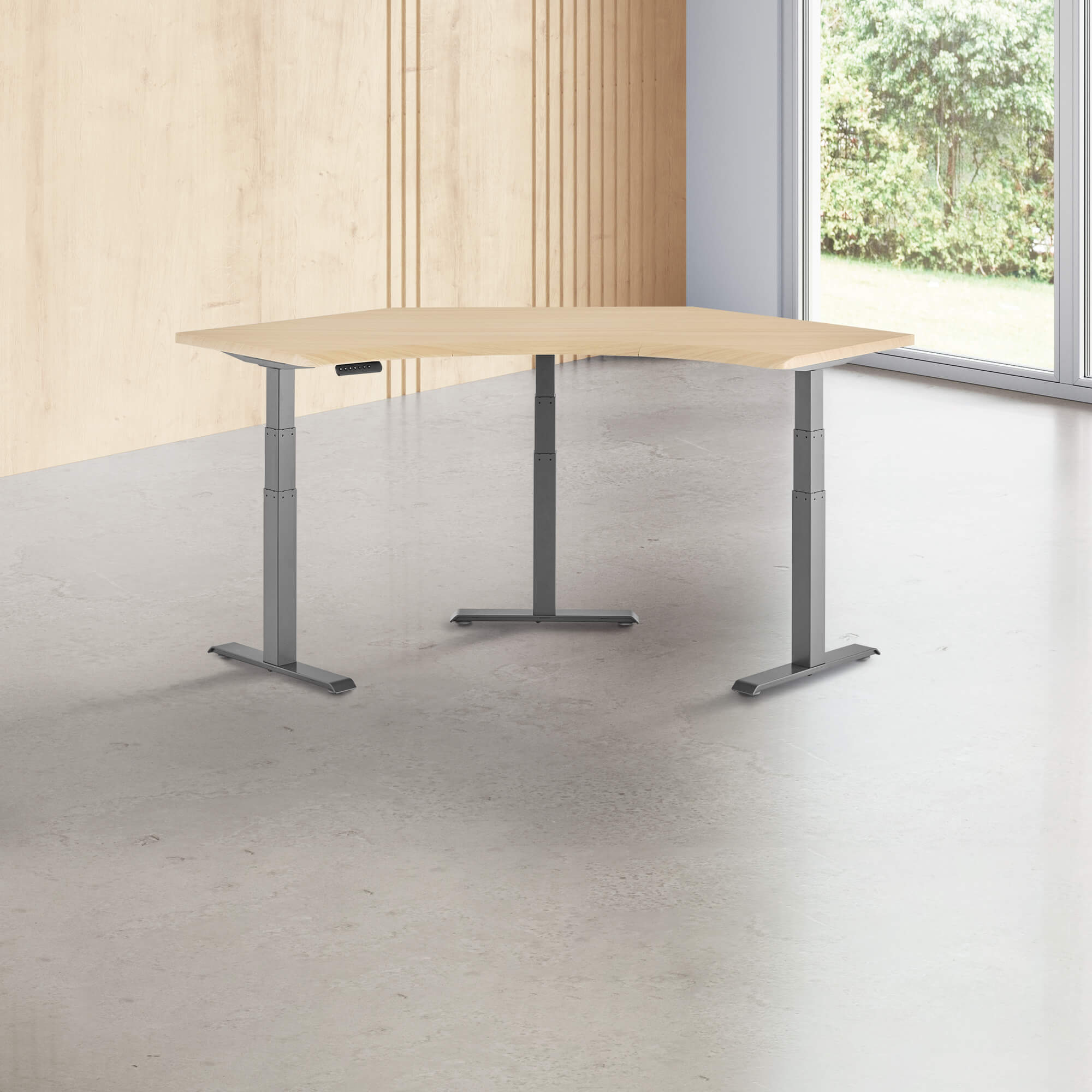 light wood finish standing desk top with slate finish legs in a open office image number null
