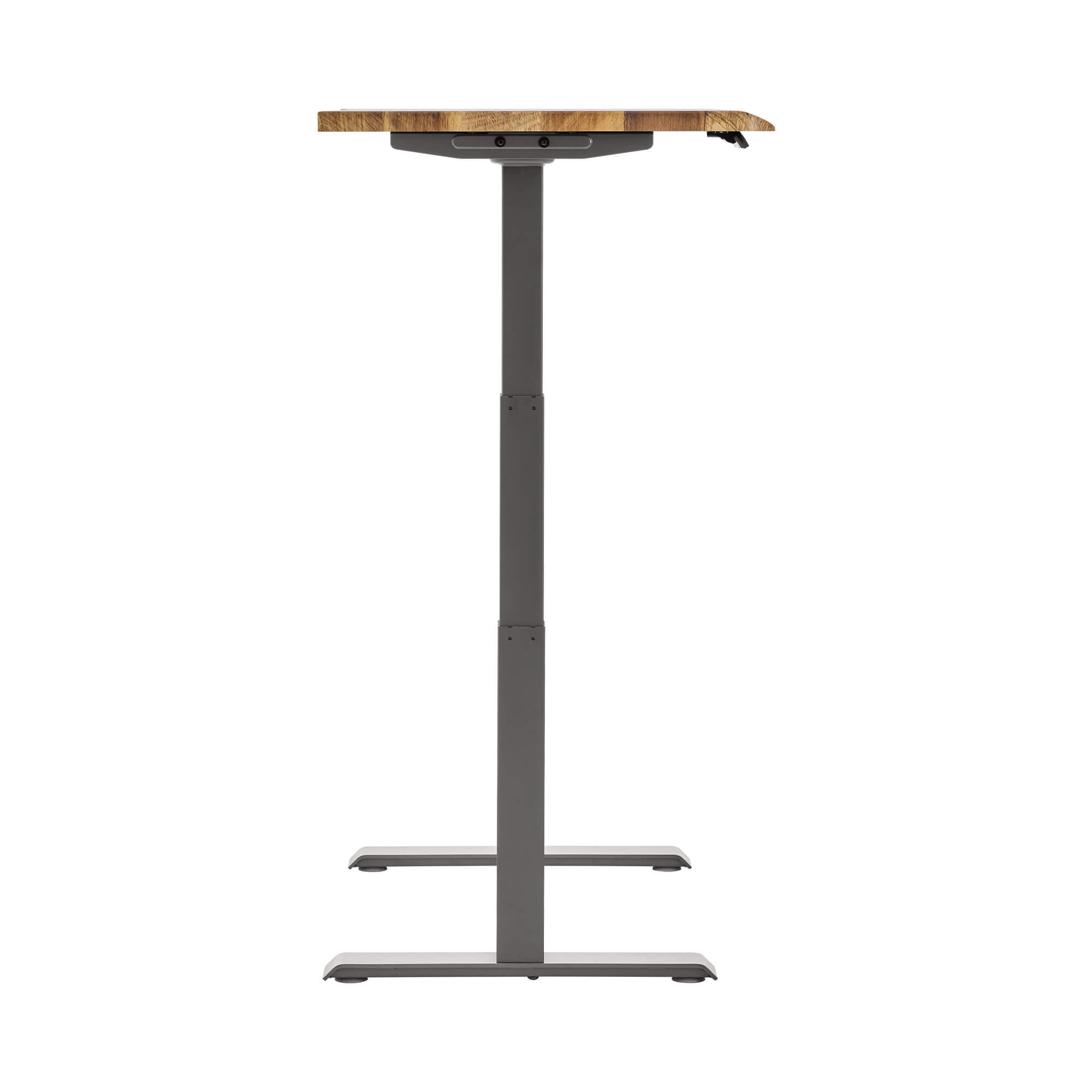 side view of an electric standing desk with a reclaimed wood finish top and slate legs image number null