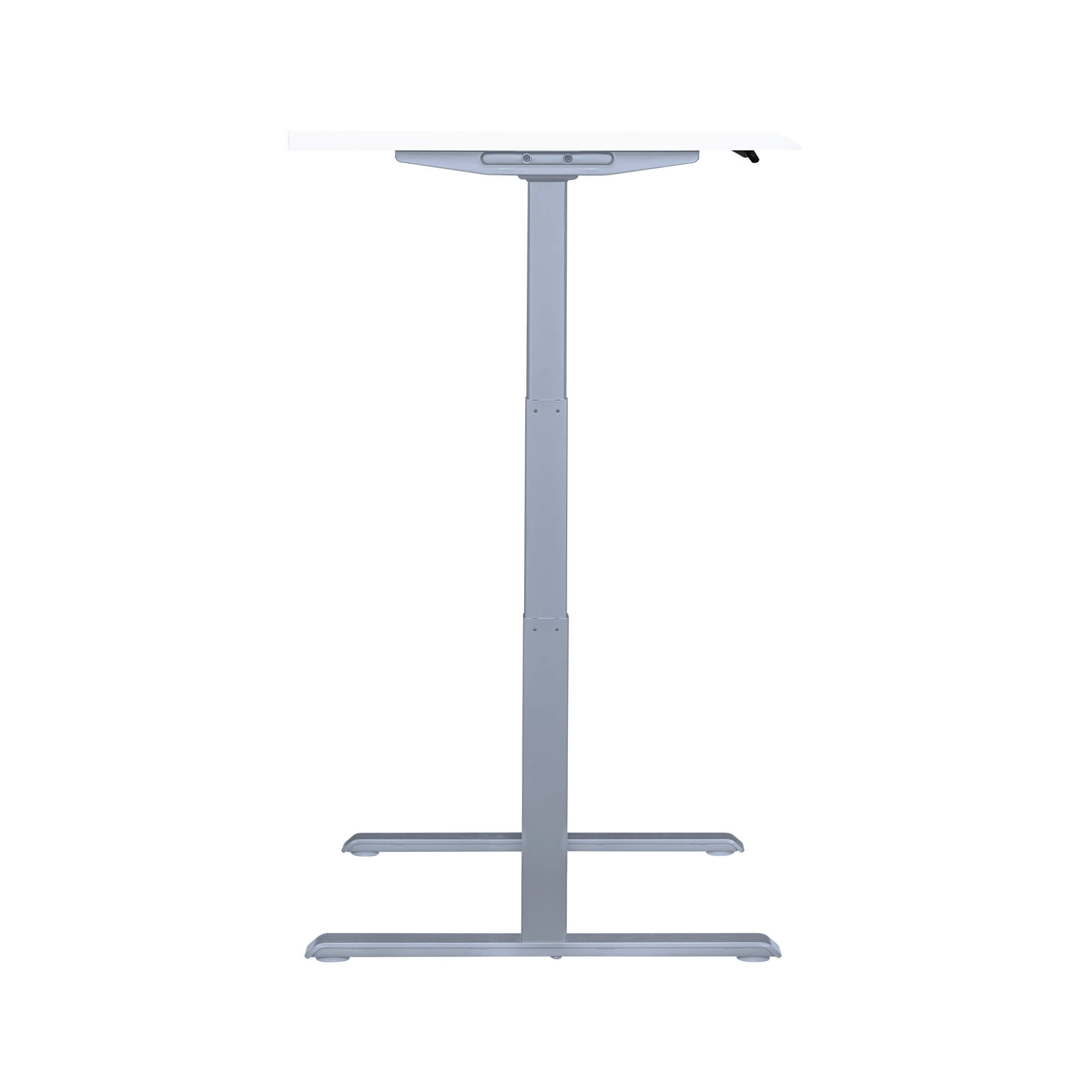 side view of an electric standing desk with a white finish top and silver legs image number null
