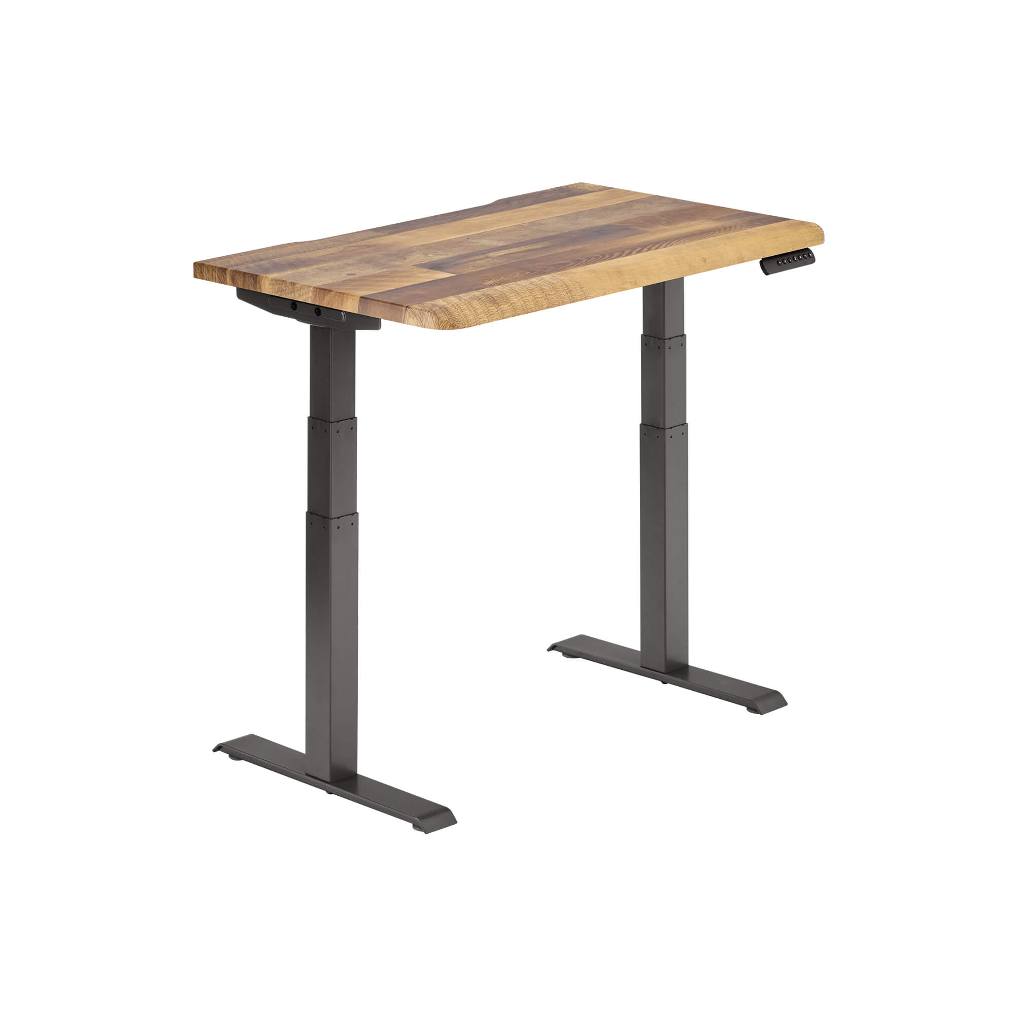 isolated image of a electric standing desk with a reclaimed wood finish top and slate legs image number null
