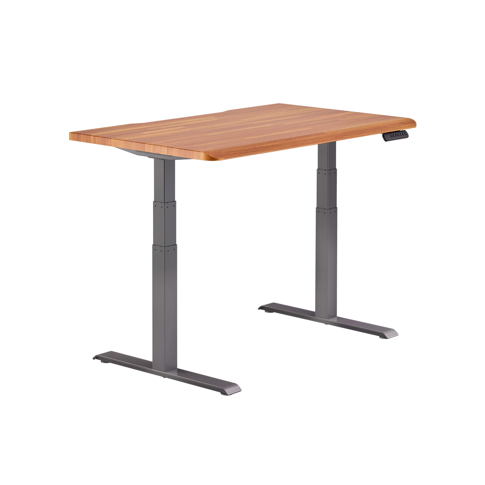 isolated image of a electric standing desk with a butcher block top and slate legs image number null