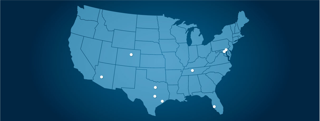 map showing vari showroom locations in denver colorado, phoenix arizona, nashville tennessee, baltimore maryland, dallas texas, austin texas, houston texas, tampa florida, washington district of columbia